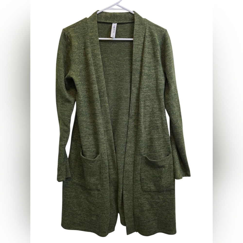 Zenana Outfitter Extra Long Open Front Cardigan Sweater Moss Green Size S